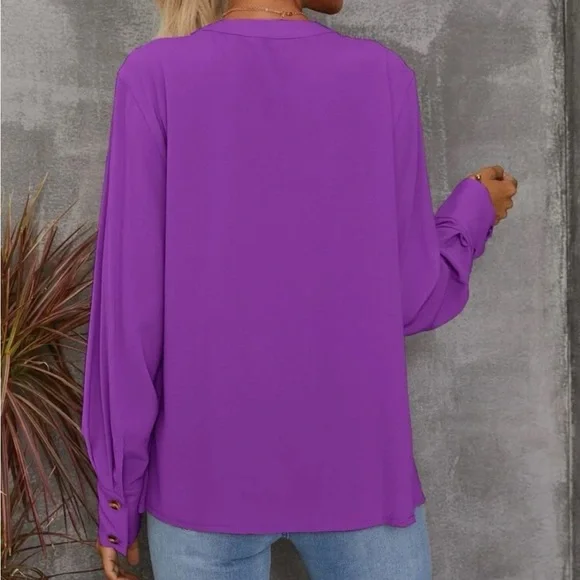 New notched v neck purple long sleeve blouse - Picture 6 of 6